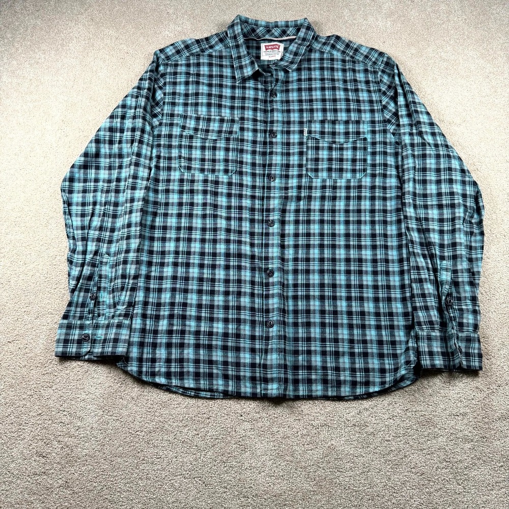 Levi's Shirt Mens XL Blue Black Plaid Pockets Long Sleeve Casual Button Up